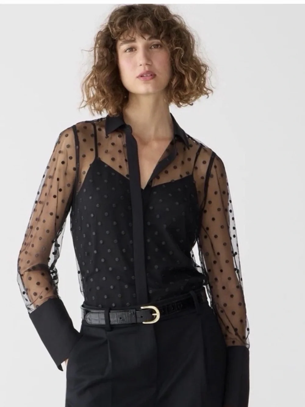 JCrew Sheer Polka Dot Tie-Neck Blouse - Black